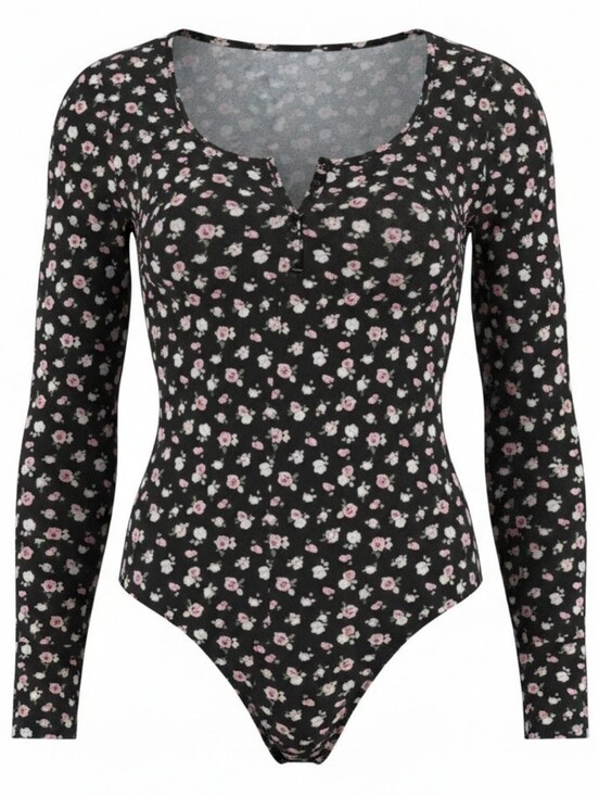 PINK Victoria's Secret Tops - PINK Victoria's Secret | Black Cabbage Rose Long-Sleeve Floral Bodysuit | M